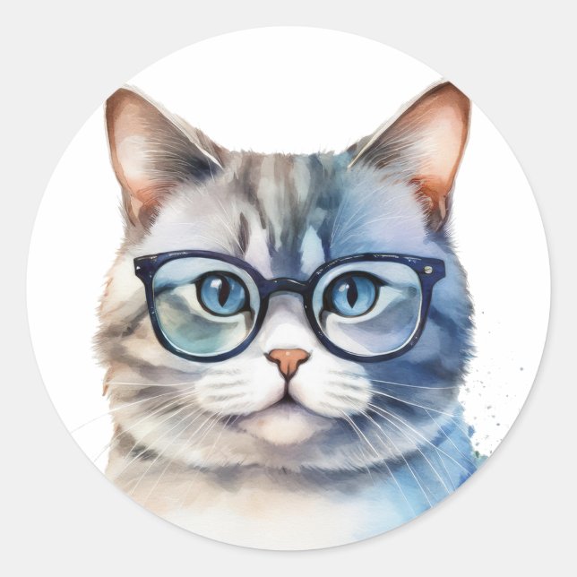 Sweet Watercolor Grey Cat Classic Round Sticker (Front)