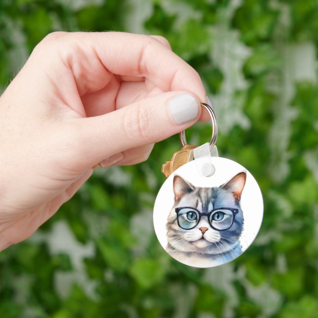 Sweet Watercolor Grey Cat Personalised Key Ring (Hand)