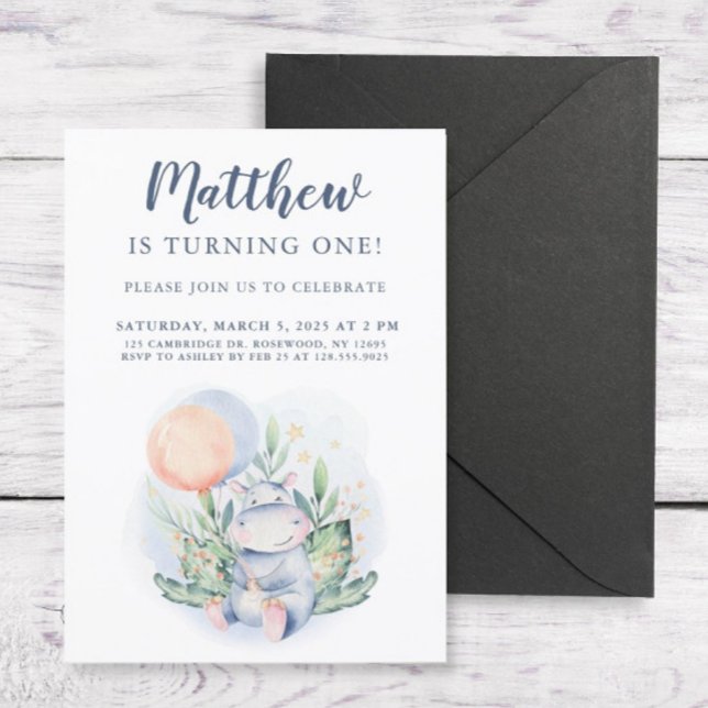 Sweet Watercolor Hippo Birthday Party Invitation (Creator Uploaded)