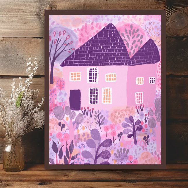 Sweet Watercolor House Garden Illustration  Poster (Sweet Watercolor House Garden Illustration Poster
Wall Art Pink Purple)