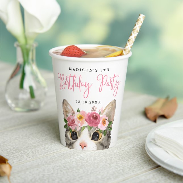 Sweet Watercolor Kitty Birthday Party Paper Cups (Insitu)