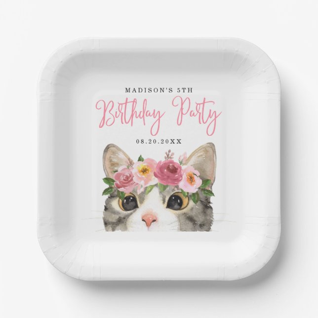 Sweet Watercolor Kitty Birthday Party Paper Plate (Front)