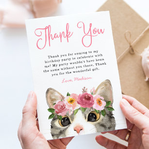 Sweet Watercolor Kitty Birthday Thank You Card