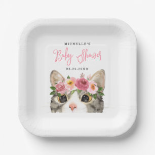 Sweet Watercolor Kitty Girl Baby Shower Paper Plate
