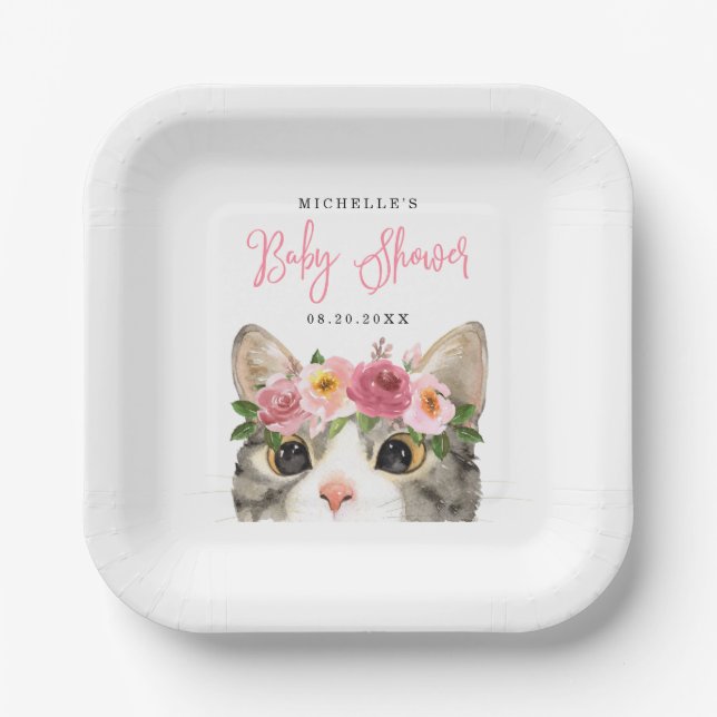 Sweet Watercolor Kitty Girl Baby Shower Paper Plate (Front)