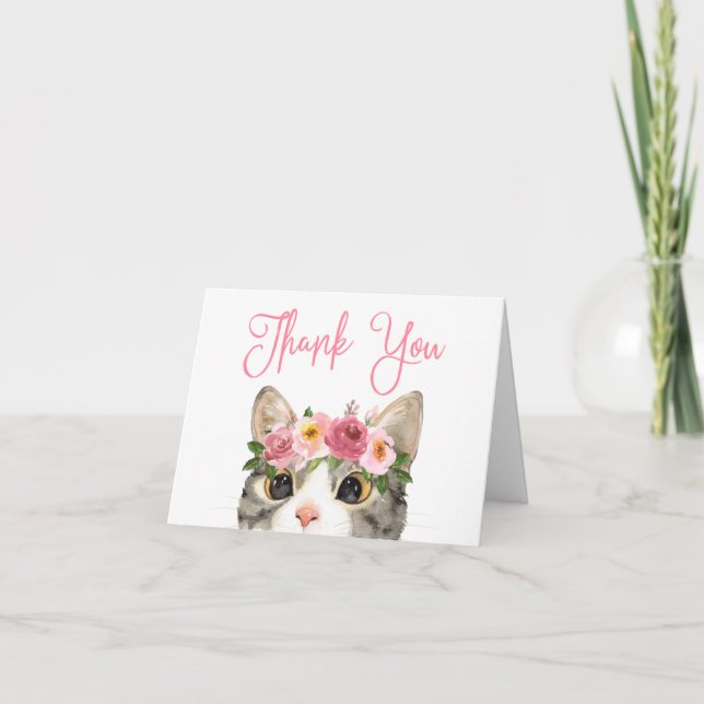 Sweet Watercolor Kitty Girl Baby Shower Thank You Card (Front)