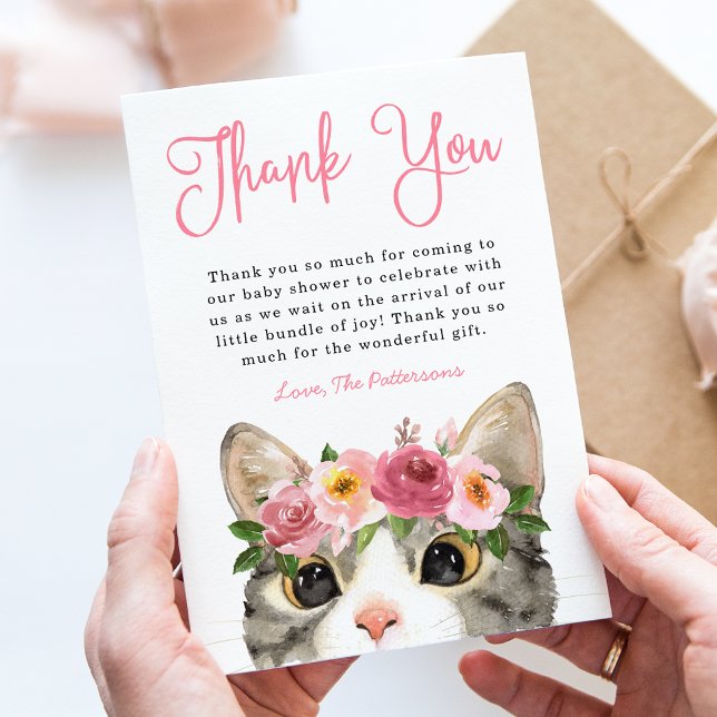 Sweet Watercolor Kitty Girl Baby Shower Thank You Card (Creator Uploaded)