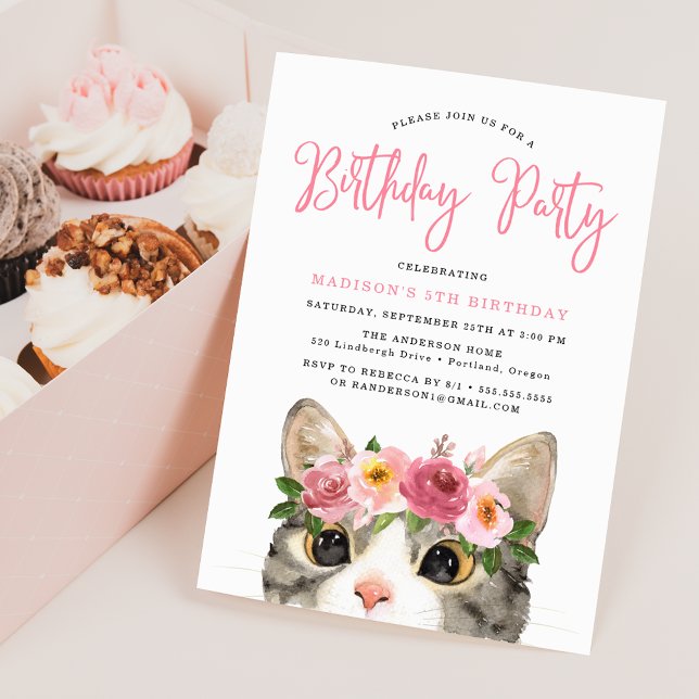 Sweet Watercolor Kitty Kid's Birthday Party Invitation (Creator Uploaded)