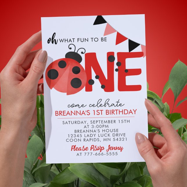 Sweet Watercolor Ladybug 1st Birthday Party Invitation (Oh What Fun to Be One White and Red 1st Birthday Invitation. Available Printed or Digital Download)