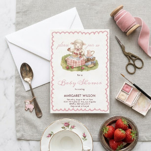 Sweet Watercolor Lamb Picnic Scallop Baby Girl Invitation