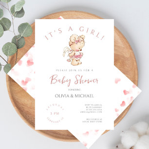 Sweet Watercolor Little Girl Bear Baby Shower Invitation