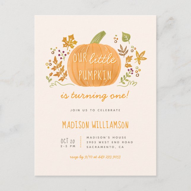 Sweet Watercolor Little Pumpkin Fall Kids Birthday Invitation Postcard (Front)