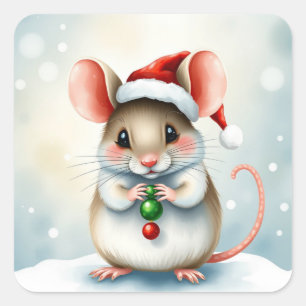 Sweet Watercolor  Mouse Whimsical Christmas Square Sticker