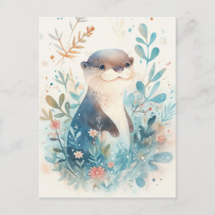 Sweet Watercolor Otter in Teal Garden Postcard