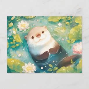 Sweet Watercolor Otter Pond Lily Postcard
