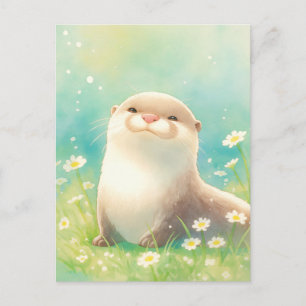 Sweet Watercolor Otter White Daisy Postcard