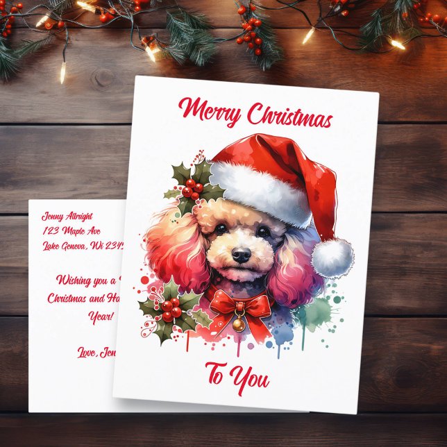 Sweet Watercolor Poodle and Christmas Greetings Postcard (Creator Uploaded)