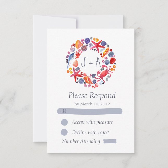 Sweet Watercolor Sea Wreath Beach Wedding RSVP Card (Front)