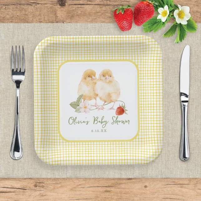Sweet Watercolor Strawberry Chicks Baby Shower Paper Plate (Creator Uploaded)
