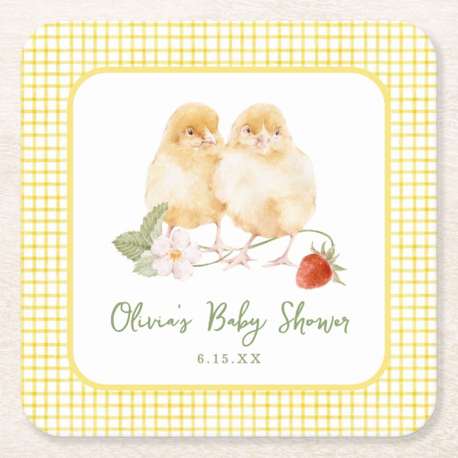 Sweet Watercolor Strawberry Chicks Baby Shower Square Paper Coaster (Front)