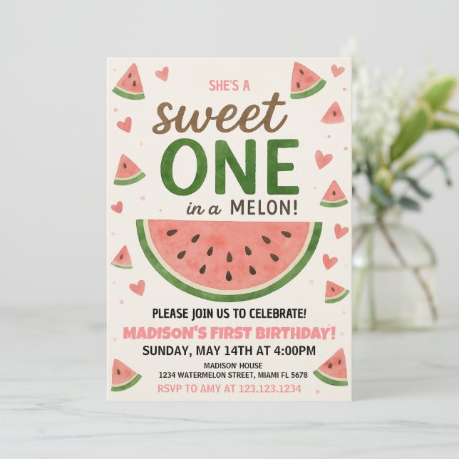 Sweet Watermelon First Birthday Invitation (Standing Front)
