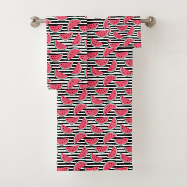 Sweet Watermelon on Stripes Black & White Pattern Bath Towel Set (Insitu)
