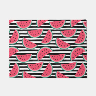 Sweet Watermelon on Stripes Black & White Pattern Doormat