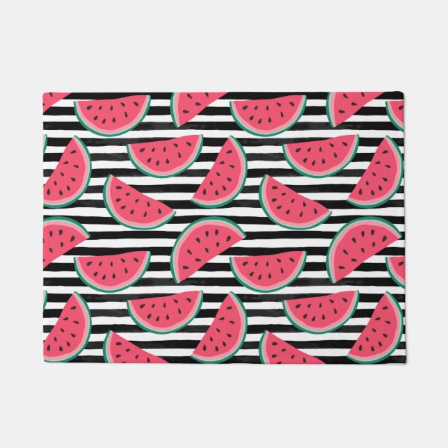 Sweet Watermelon on Stripes Black & White Pattern Doormat (Front)