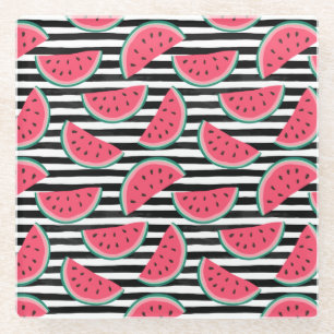 Sweet Watermelon on Stripes Black & White Pattern Glass Coaster