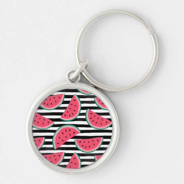 Sweet Watermelon on Stripes Black & White Pattern Key Ring (Front)