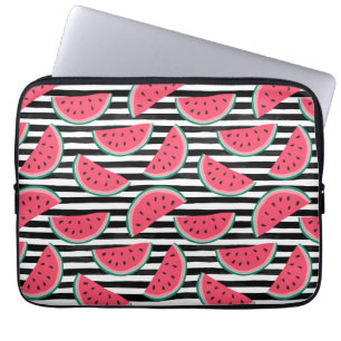 Sweet Watermelon on Stripes Black & White Pattern Laptop Sleeve