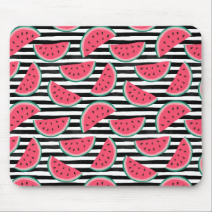 Sweet Watermelon on Stripes Black & White Pattern Mouse Pad