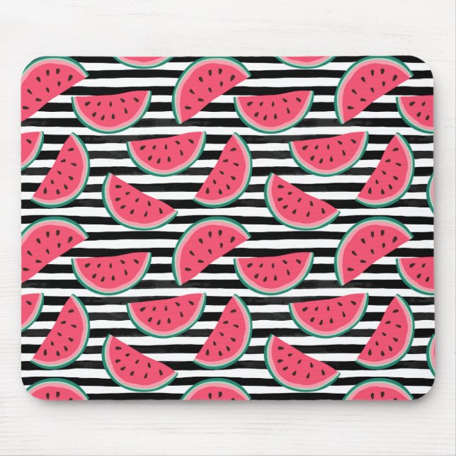 Sweet Watermelon on Stripes Black & White Pattern Mouse Pad (Front)