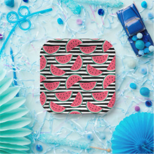 Sweet Watermelon on Stripes Black & White Pattern Paper Plate