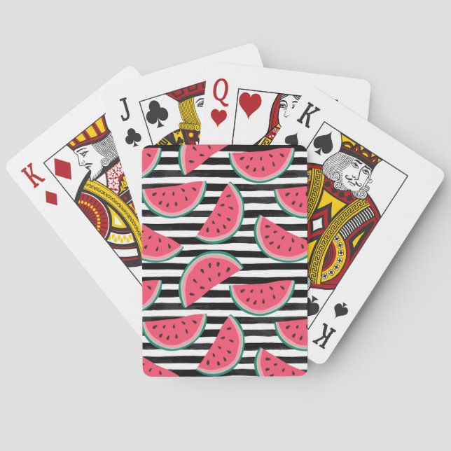 Sweet Watermelon on Stripes Black & White Pattern Playing Cards (Back)