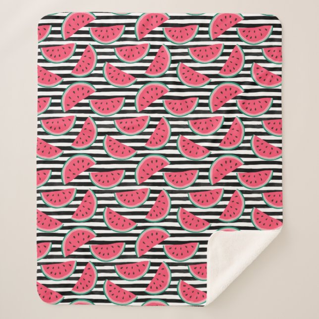 Sweet Watermelon on Stripes Black & White Pattern Sherpa Blanket (Front)
