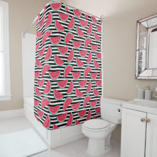 Sweet Watermelon on Stripes Black & White Pattern Shower Curtain