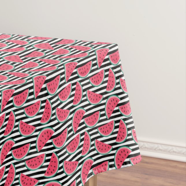 Sweet Watermelon on Stripes Black & White Pattern Tablecloth (In Situ)