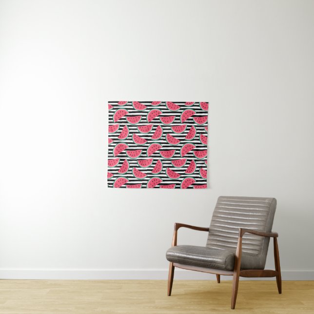 Sweet Watermelon on Stripes Black & White Pattern Tapestry (In Situ (Horizontal))