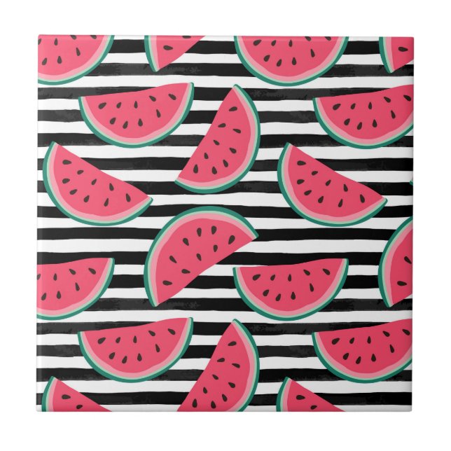 Sweet Watermelon on Stripes Black & White Pattern Tile (Front)