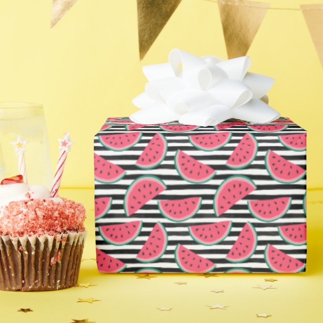 Sweet Watermelon on Stripes Black & White Pattern Wrapping Paper (Birthday Party)