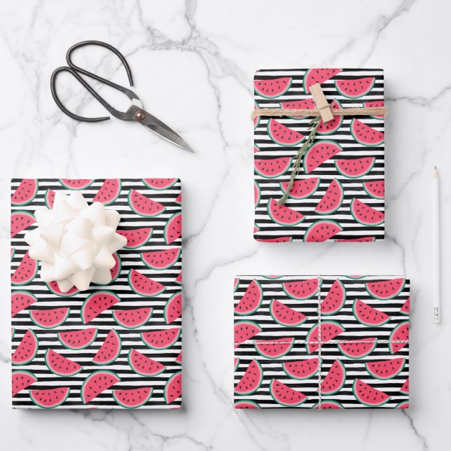 Sweet Watermelon on Stripes Black & White Pattern Wrapping Paper Sheet (Front)