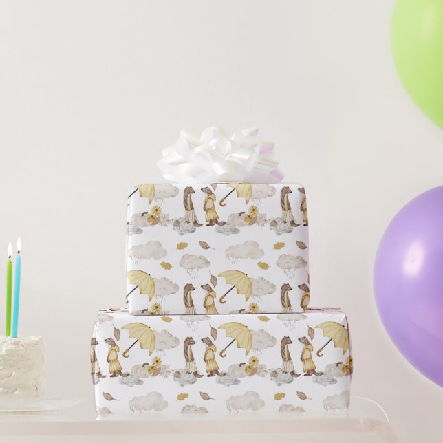 Sweet Weasels Umbrellas, Rain Clouds, Flowers  Wrapping Paper (Party Gifts)