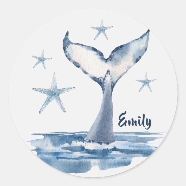 Sweet Whale In The Sea With Name Classic Round Sticker (Front)