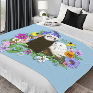 Sweet Whimsical Blue Cute Floral Ferrets Pair Fleece Blanket