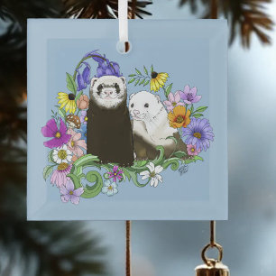 Sweet Whimsical Blue Cute Floral Ferrets Pair  Glass Tree Decoration
