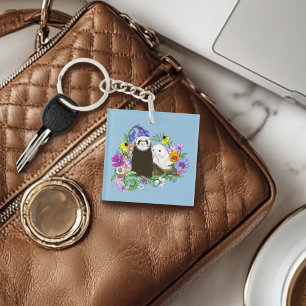Sweet Whimsical Blue Cute Floral Ferrets Pair  Key Ring