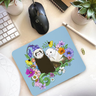 Sweet Whimsical Blue Cute Floral Ferrets Pair Mouse Pad