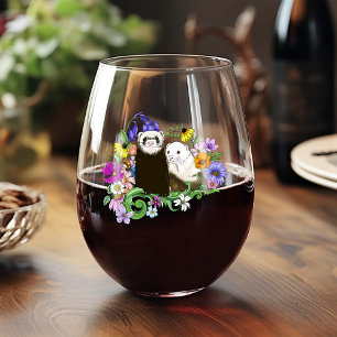 Sweet Whimsical Blue Cute Floral Ferrets Pair Stemless Wine Glass