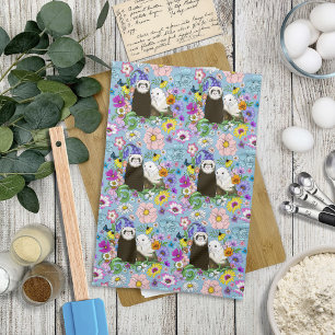 Sweet Whimsical Blue Cute Floral Ferrets Pair Tea Towel